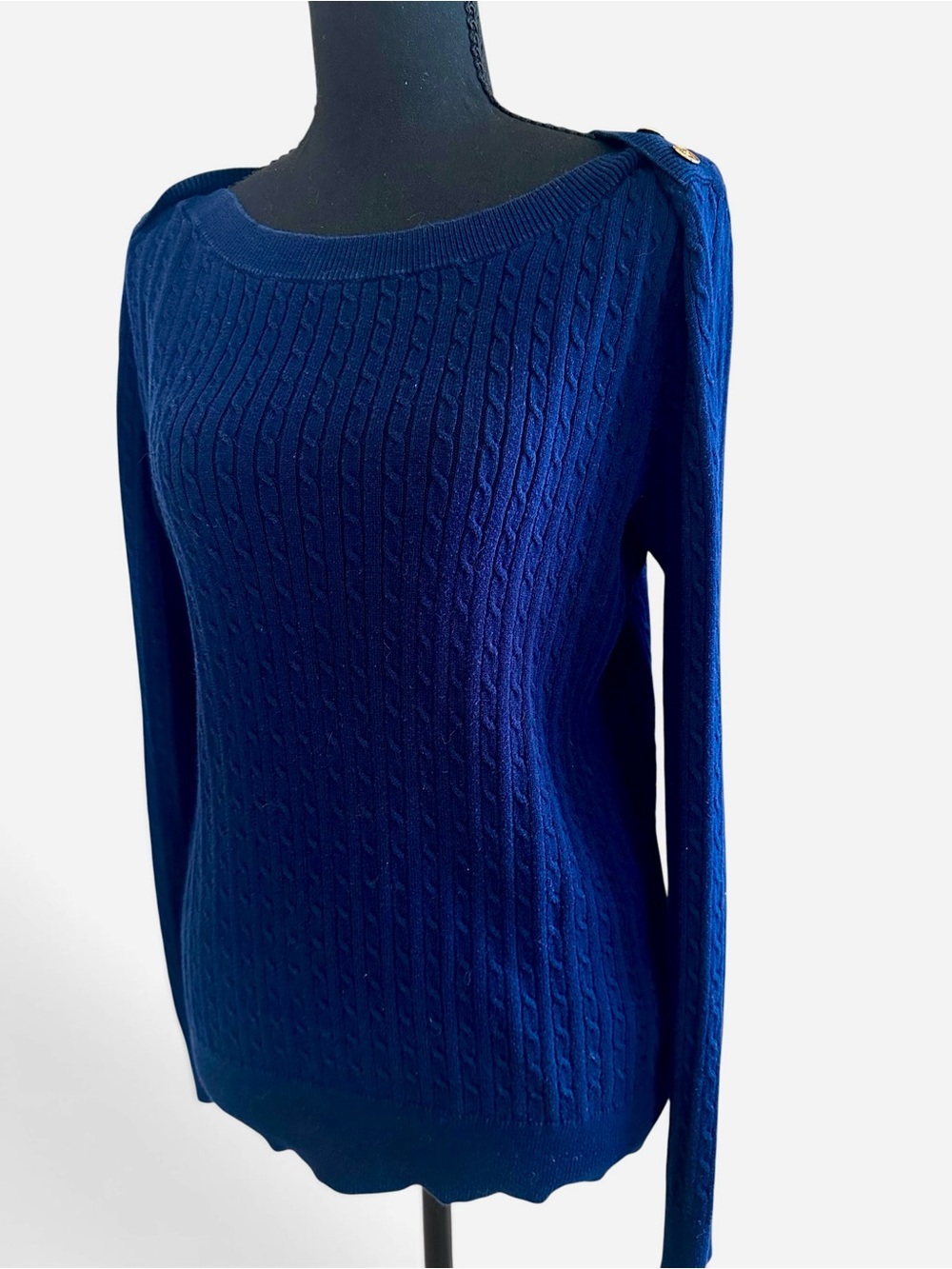 Lauren Ralph Lauren Navy Cable-Knit Crewneck Sweater with Shoulder Buttons